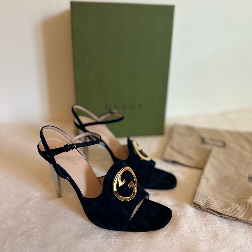 Gucci Suede Cachemire Blondie Blue Sandals with Gold Accent Size 37 Italian/ 7US